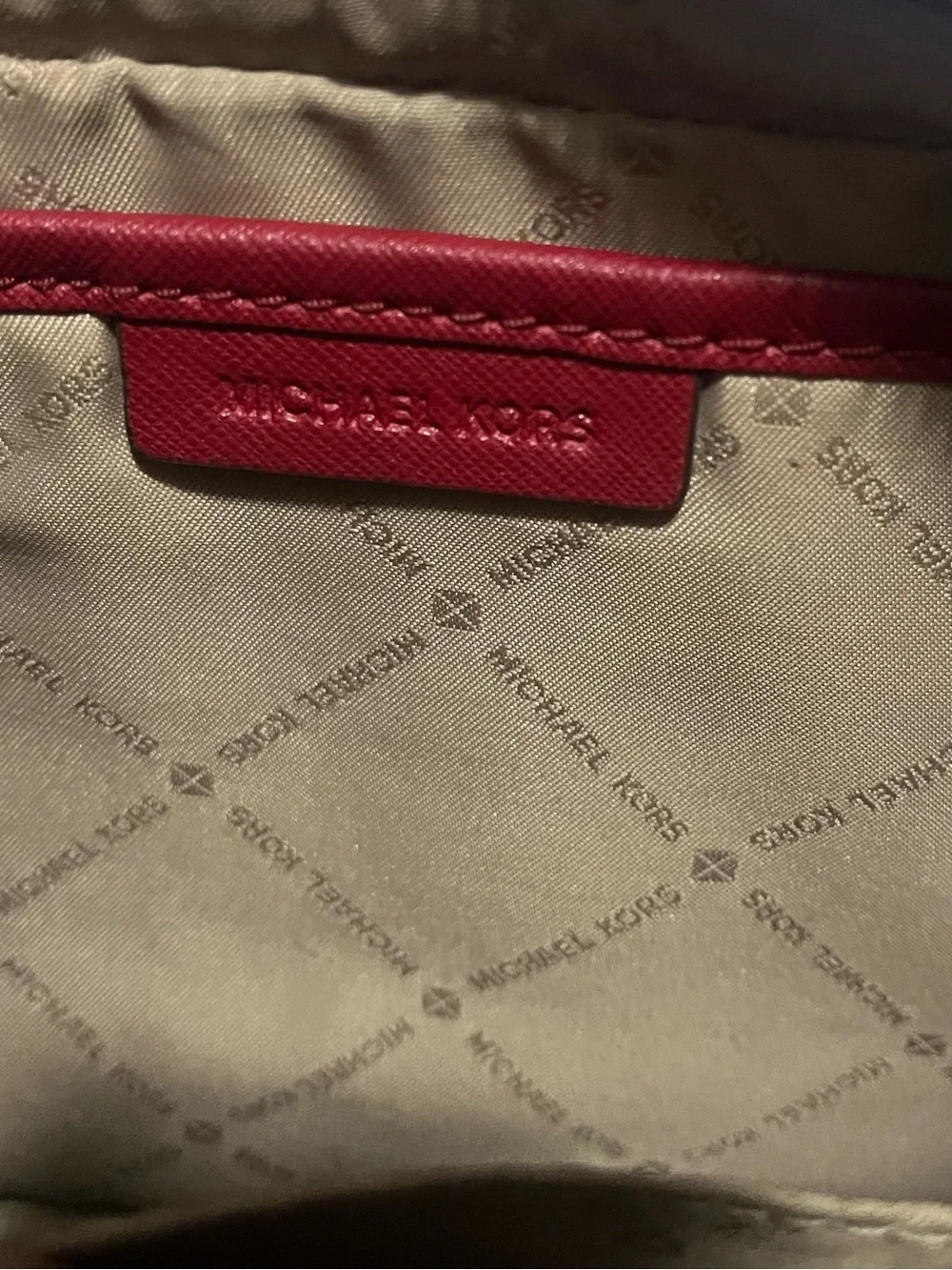 Michael Kors  Beige Monogram Crossbody with Burgundy Trim